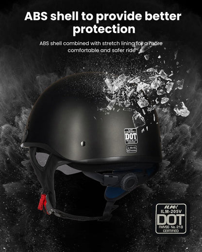 ILM Half Helmet Motorcycle Open Face Sun Visor Quick Release Buckle DOT Approved Cycling Motocross Suits Men Women Model-205V (L, Matt Black)