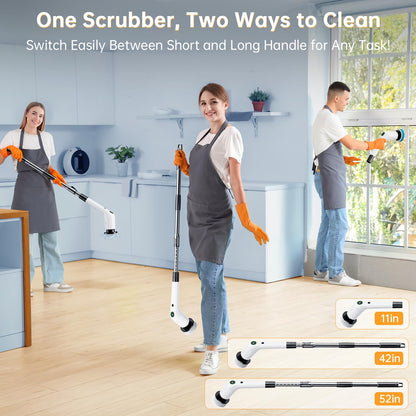 PUFTEM Electric Spin Scrubber, Cordless Shower Scrubber with 8 Scrub Brush, 2 Speed with Adjustable Extension Handle, Battery Level Display, Power Scrubber for Bathroom Bathtub Tile Floor, Black