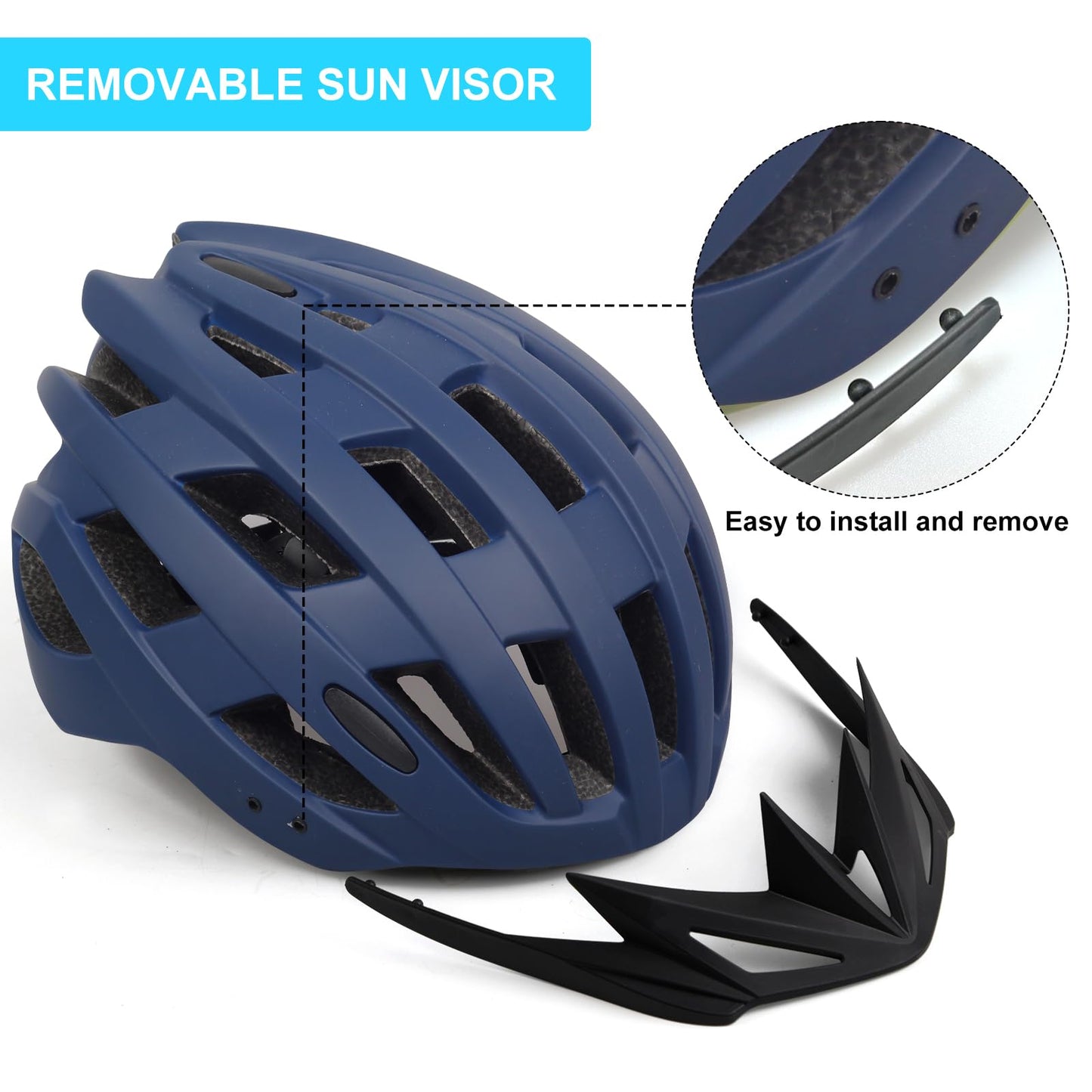 Adult Bike Helmets, Adjustable Mens Womens Bicycle Helmet, Lightweight Road Mountain Cycling Safety Sports Helmets with Detachable Visor Navy Blue L