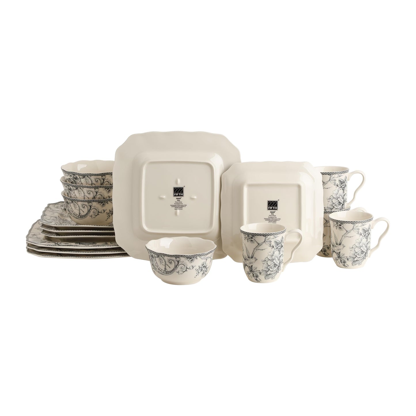 222 Fifth Adelaide 16-Piece Square Floral Dinnerware Set – Service for 4, Grey & White Porcelain Plates & Bowls, for Everyday Dining & Entertainment, Microwave & Dishwasher Safe, Chip Resistant