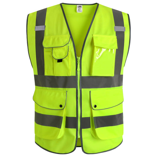 JKSafety 9 Pockets Class 2 High Visibility Zipper Front Safety Vest With Reflective Strips,Meets ANSI/ISEA Standard (Small, 150-Yellow)