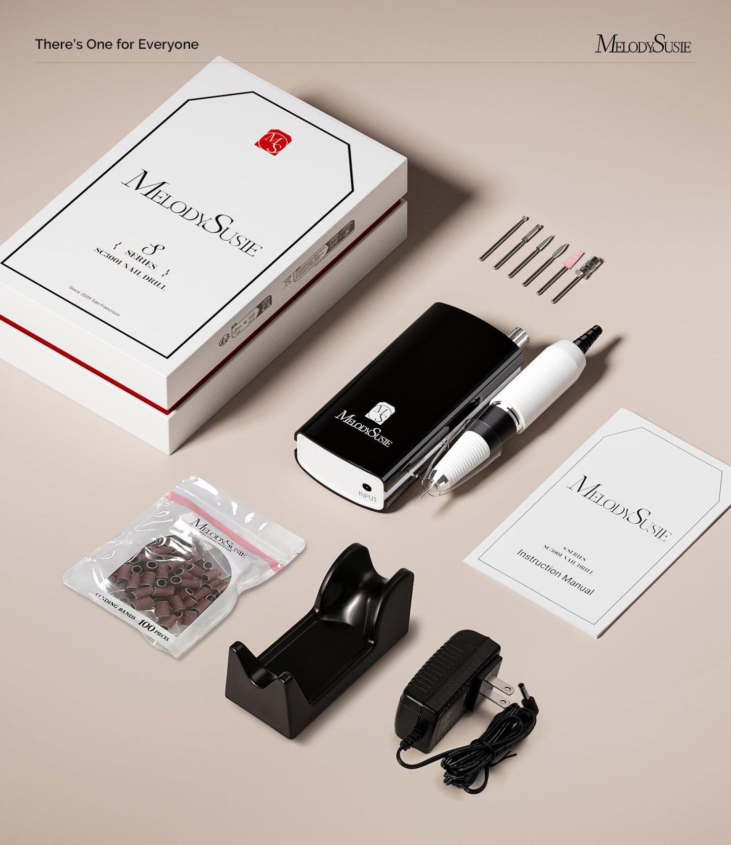 MelodySusie Professional Nail Drill, 30000 RPM Rechargeable Portable Nail Drills, Cordless Electric Nail File Machine with Bits Kit and 106 Sanding Bands, SC300I Black