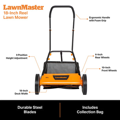 LawnMaster LMRM1801 Push Reel Lawn Mower 18-Inch 5-Blade