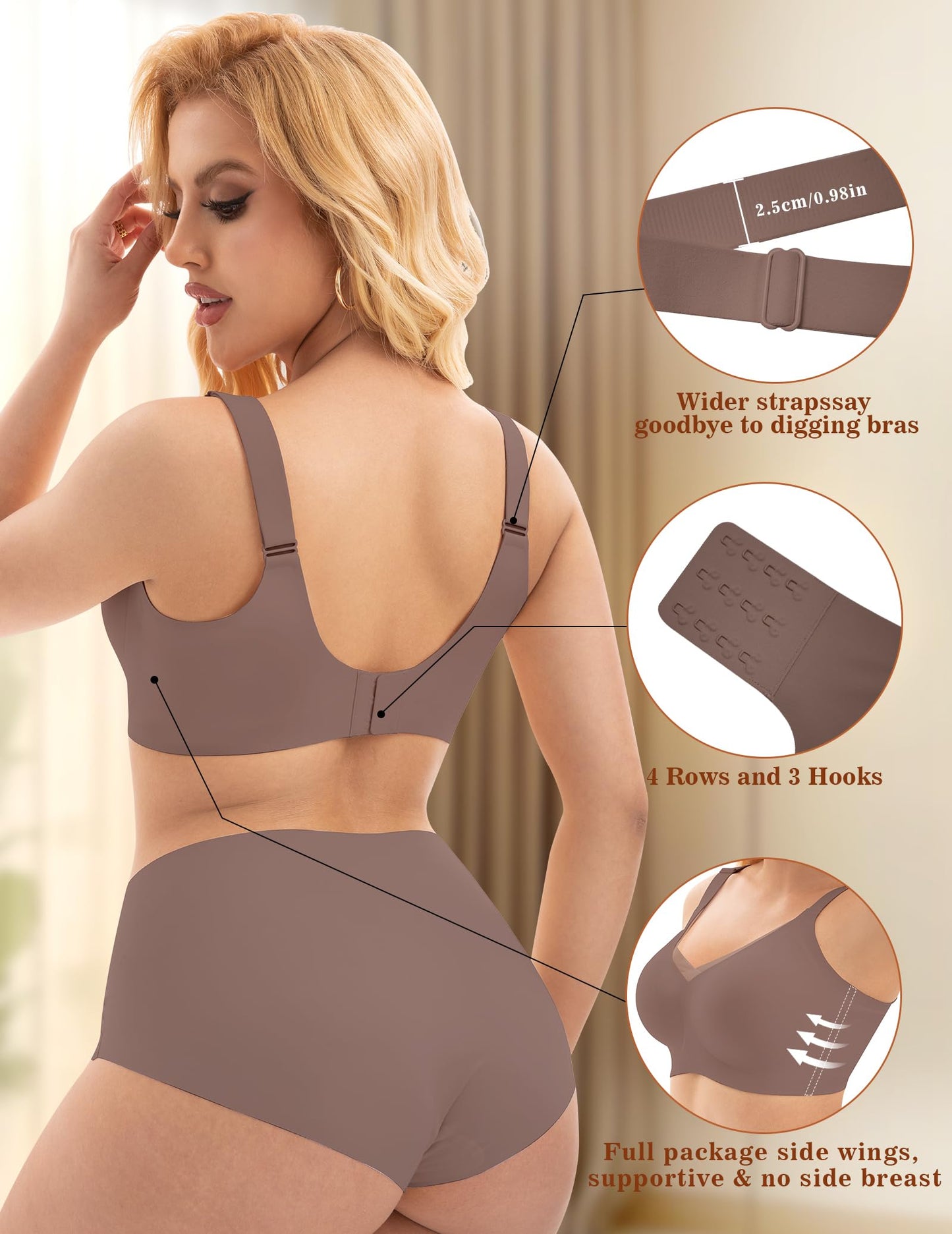 PoseFree Womens Wireless Bras Supportive Tshirt Bra No Underwire Seamless Push Up V Mesh Comfortable Bralette Everyday Bras Coffee XL