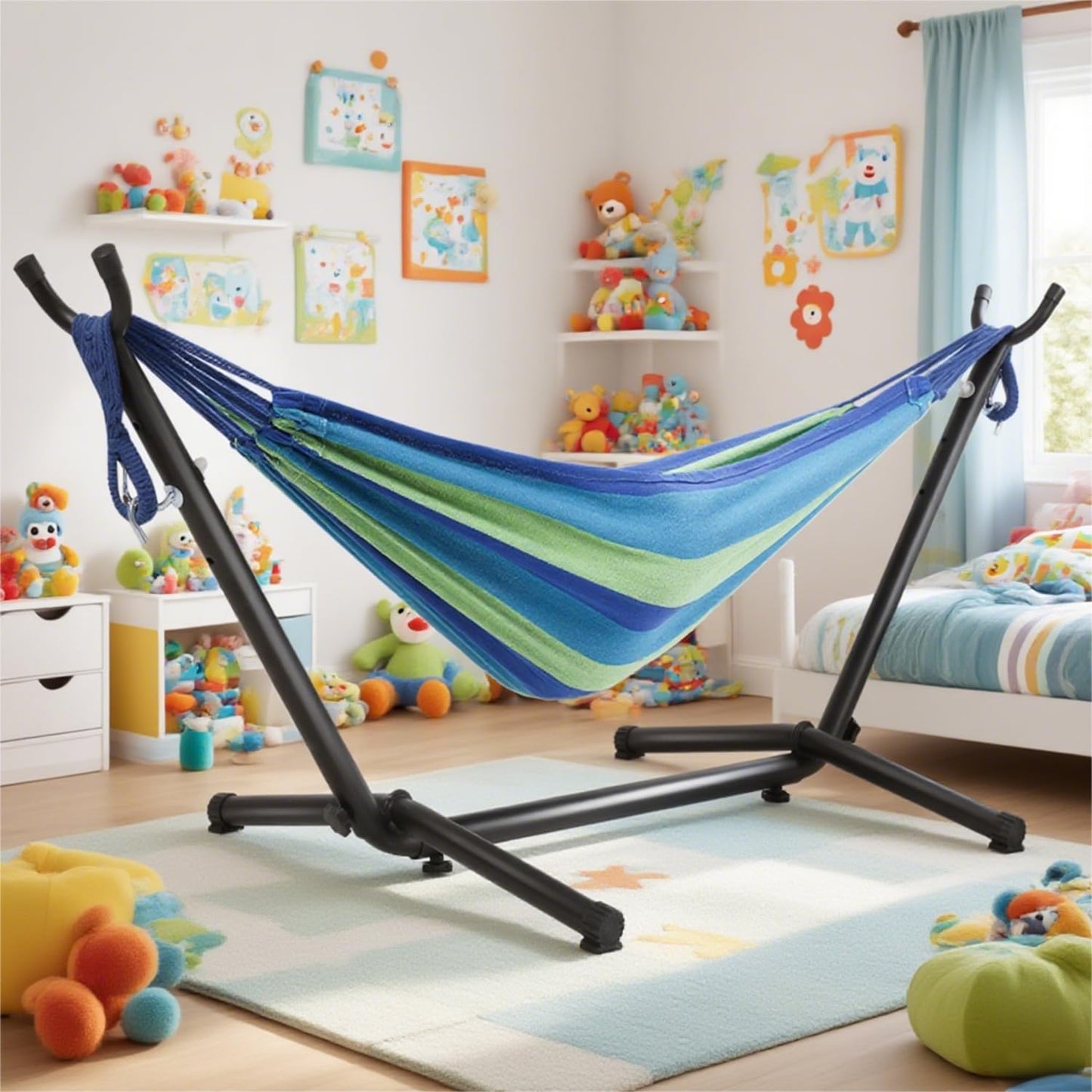 Goutime Kids Hammock with Stand,Childs Hammocks Frame Holder Base with Portable Carrying Bag for Indoor,Outdoor,Patio,Deck,Yard,Beach (Blue)