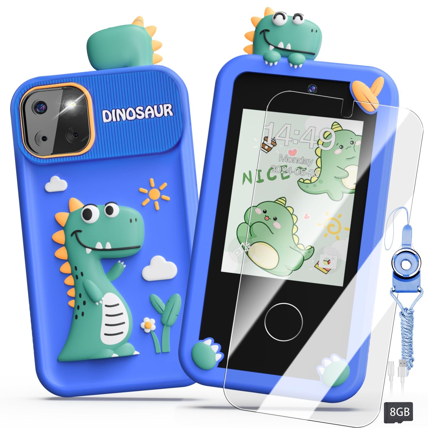 Luyiilo Kids Smart Phone Toys for Boys,Dinosaurs Gift Toys for Boys Ages 3-9 Christmas Birthday Gifts Mini Smart Phone Toys With 2.8" Touchscreen 16 Learning Games Dual Camera Music Player, 8G SD Card