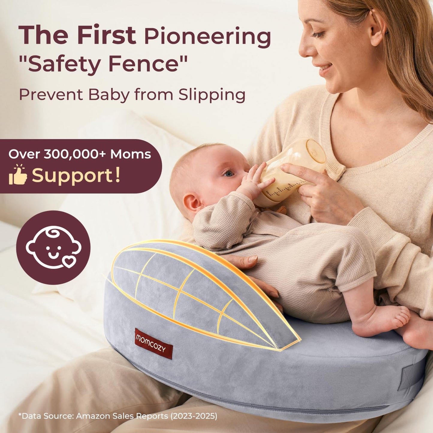 Momcozy Innovative Safety Fence Nursing Pillow - Firm & Springy Memory Foam - Stable, Ergonomic Support & Comfort - Wider Breastfeeding Cushion, Adjustable, Removable Cover, Baby Safety Certified
