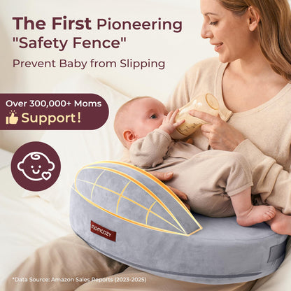 Momcozy Innovative Safety Fence Nursing Pillow - Firm & Springy Memory Foam - Stable, Ergonomic Support & Comfort - Wider Breastfeeding Cushion, Adjustable, Removable Cover, Baby Safety Certified