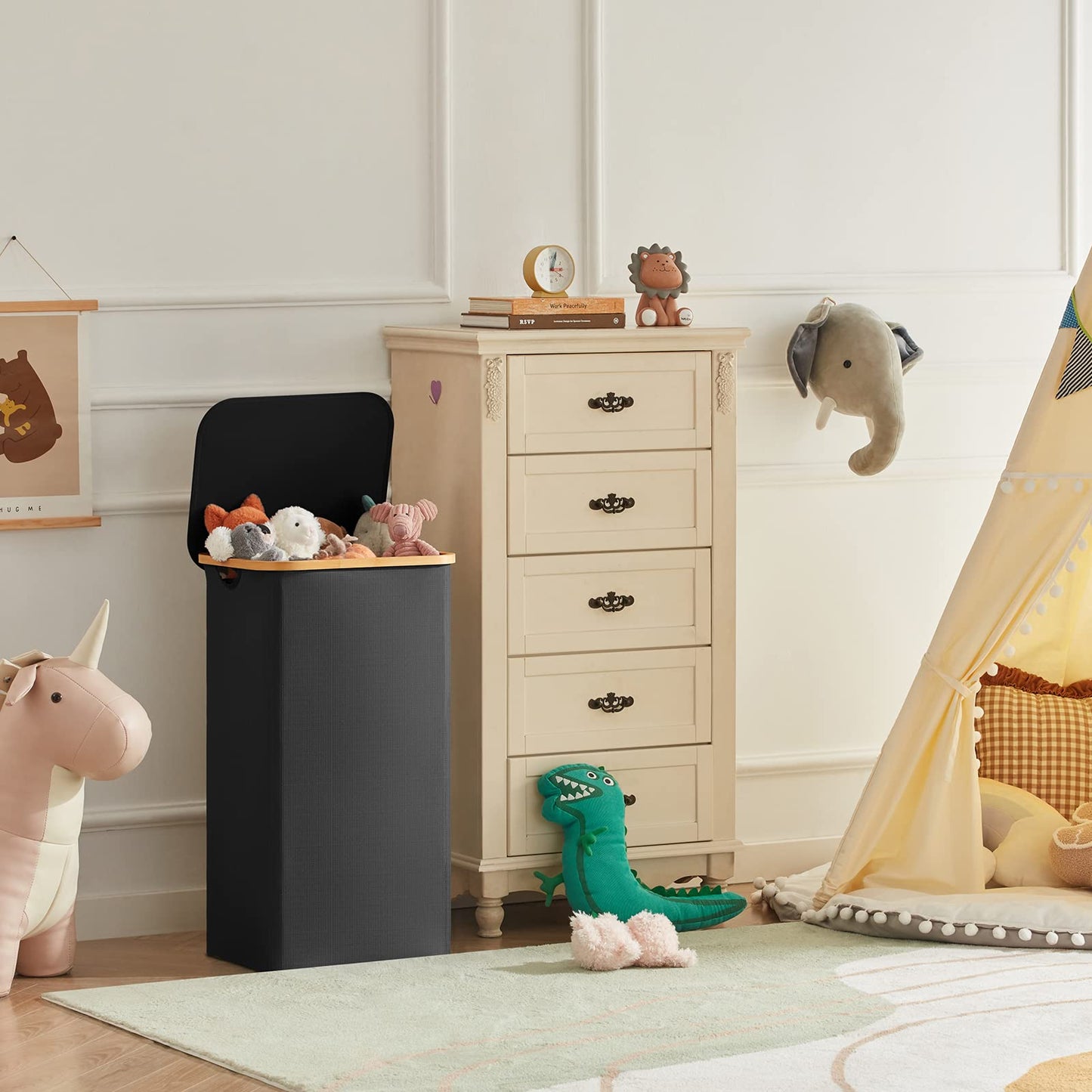 Lifewit 100L Laundry Basket with Lid, Clothes Hampers for Laundry with Bamboo Handles and A Removable Bag, Large Foldable Laundry Hamper for Bedroom, Bathroom, Dorm, Laundry Room, Black