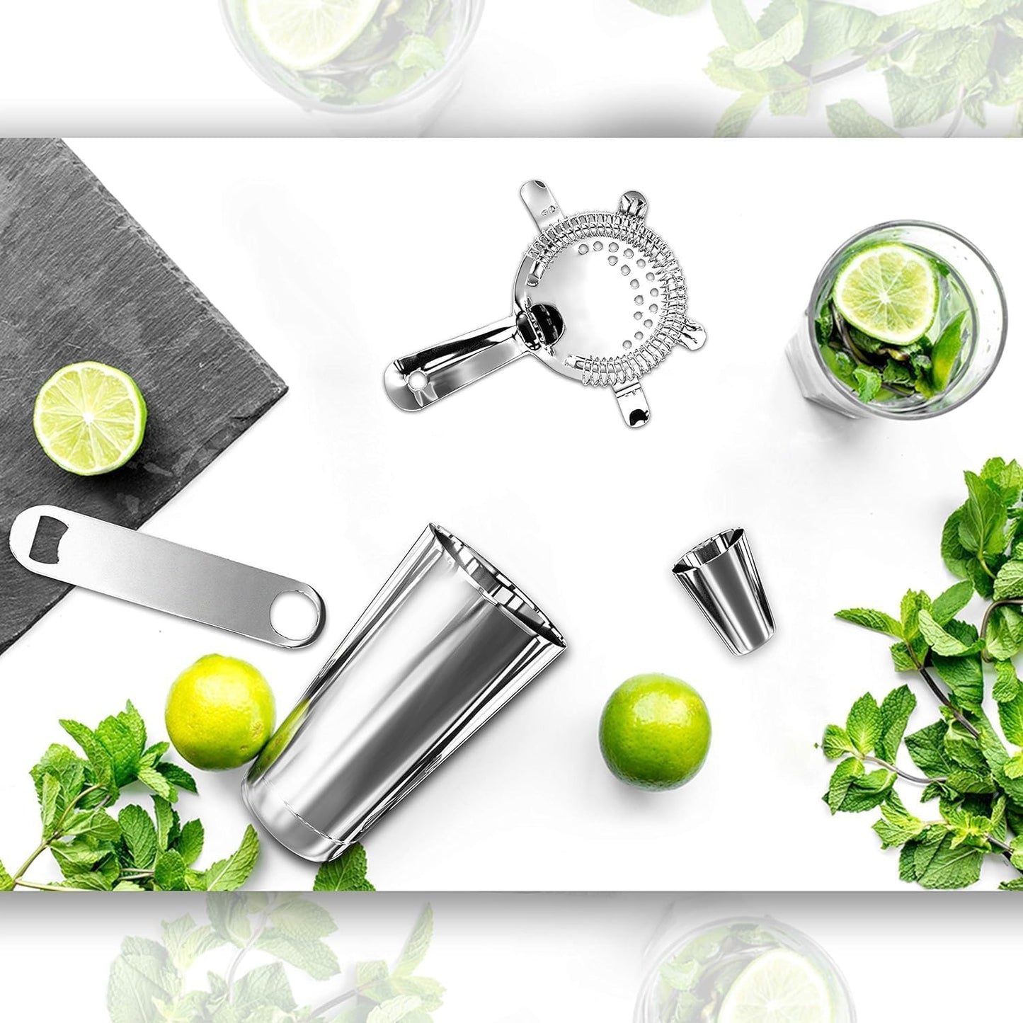 NutriChef Mixology Bartender Cocktail Shaker Set - Includes 15 & 30 oz Stainless Steel Shakers, 6 Bottle Pourers & More - Essential Martini Making Kit - Drink Mixing Set - 15 Piece Cocktail Bar Set