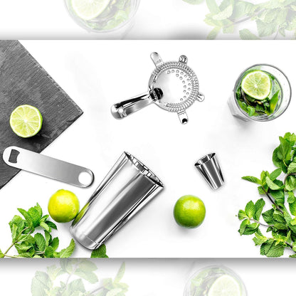 NutriChef Mixology Bartender Cocktail Shaker Set - Includes 15 & 30 oz Stainless Steel Shakers, 6 Bottle Pourers & More - Essential Martini Making Kit - Drink Mixing Set - 15 Piece Cocktail Bar Set