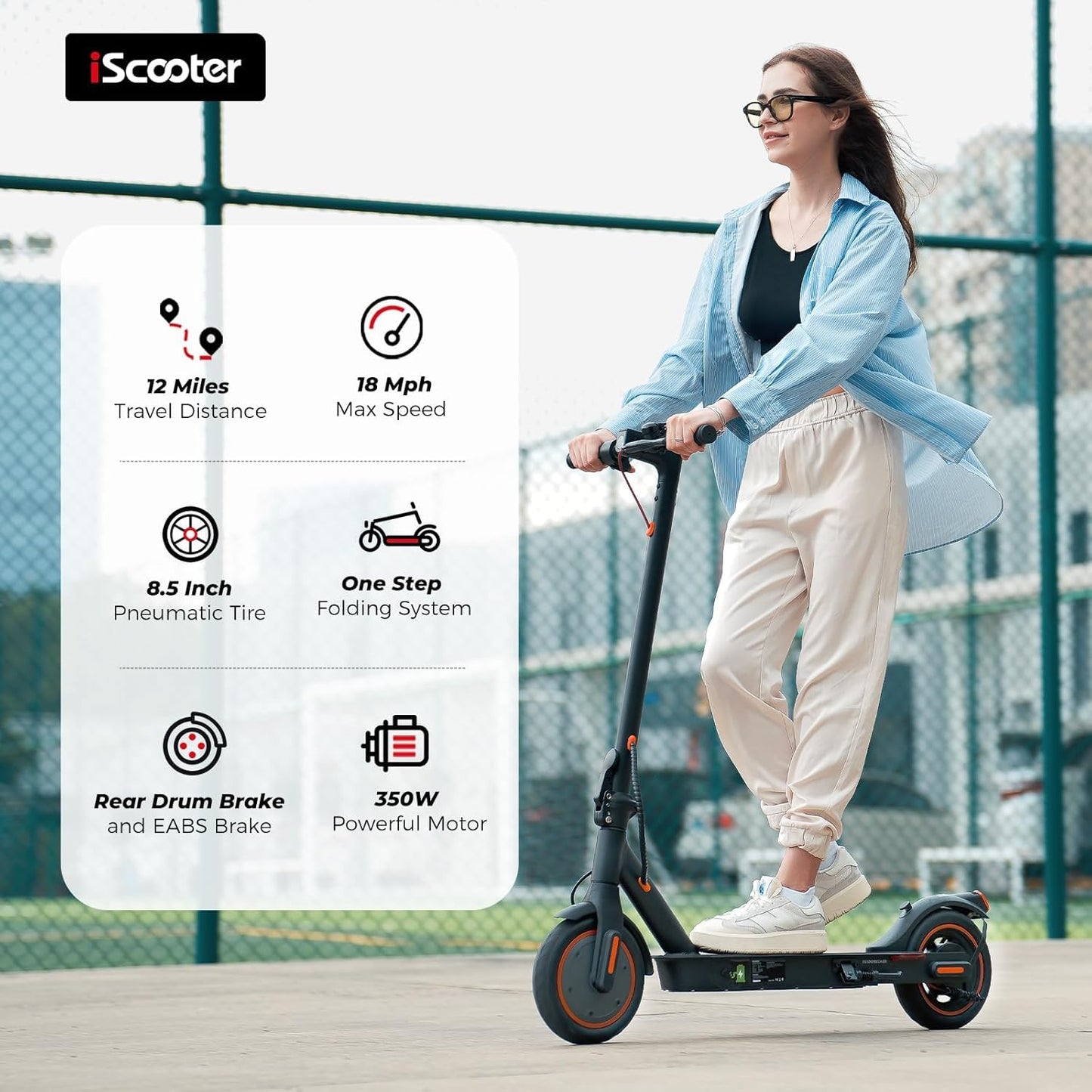 iScooter Electric Scooter, 12 Miles Long Range, 18 Mph Top Speed, Commuting Electric Scooter with Cuise Control, Double Braking Systems Escooter for Adults and Teens - i8