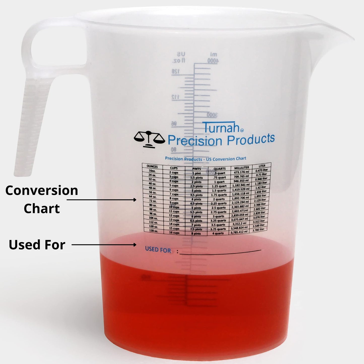 One Gallon 128oz Measure Pitcher - Convenient Conversion Chart - Strong Food Grade - Great for Lawn, Chemicals Pool, Ag, Lye, Home Hobbies, Motor Oil, Fluids - Turnah Precision Products, Made in USA