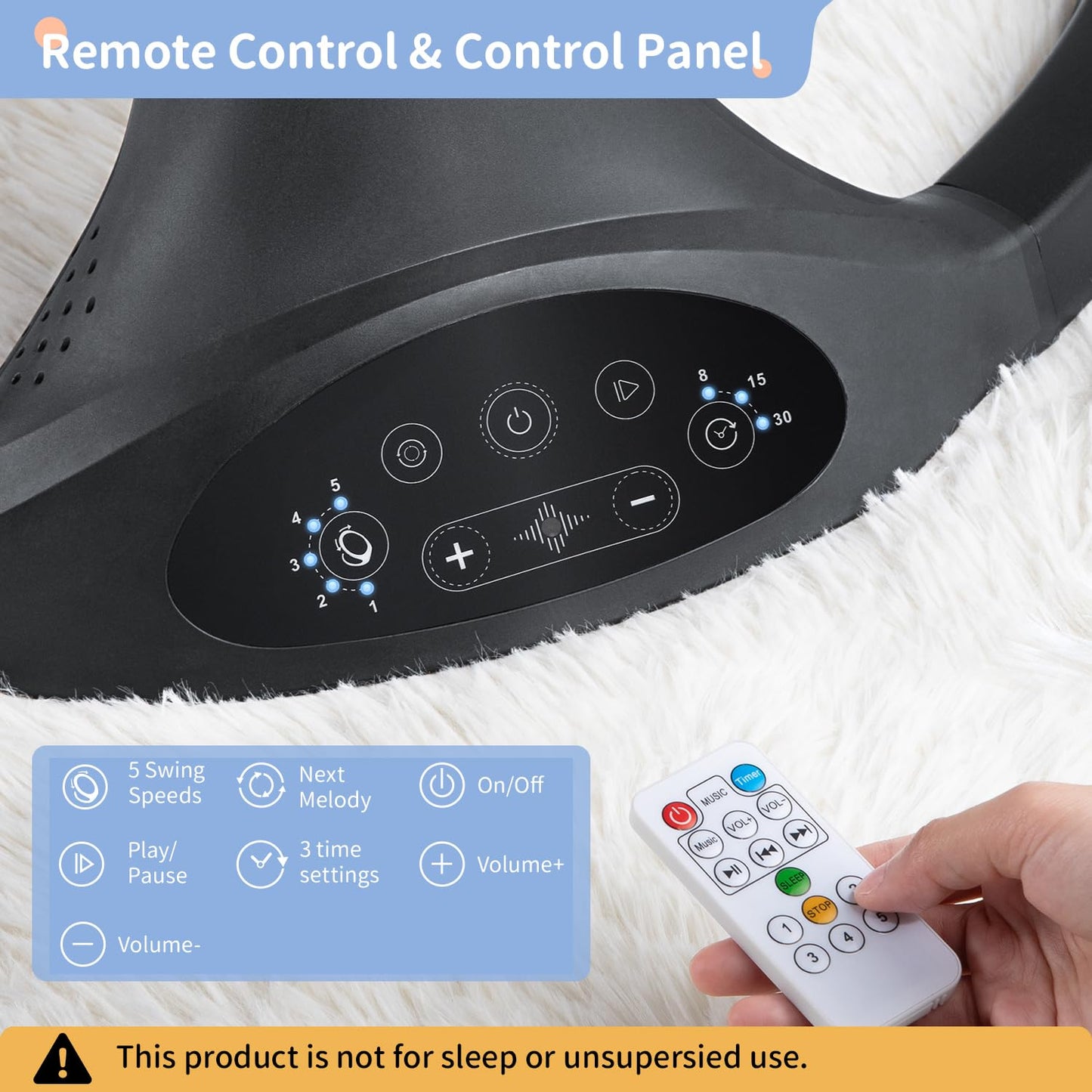 LAREX Baby Swing Infant Swing Electric Toddler Baby Rocker Portable for Newborn Boy Girl, 5 Sway Speeds with Remote Control, 10 Preset Melodies and Bluetooth, 0-6 Months Max 20 Lbs (Black)