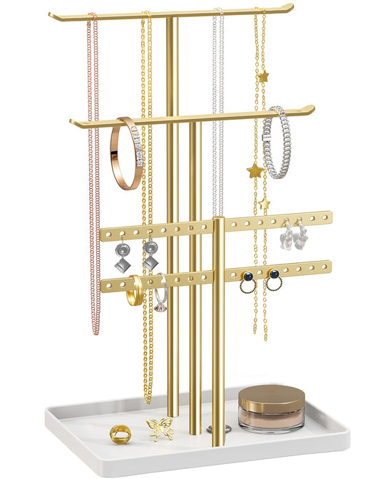 Jewelry Holder Organizer, 12.5'' Tall Sturdy Metal Stand, 3-Tier Jewelry Hanger for Necklace, Earring, Bracelet, Ring, for Display and Storage, Aesthetic Room Decor, Gold Jewlery Tree with White Tray