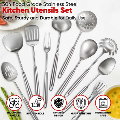 Newness 10 Pcs Cooking Utensils Set, 304 Stainless Steel Kitchen Utensils Set, Metal Kitchen Accessories, Include Soup Ladle, Slotted Skimmer Spoon, Spaghetti Spoon and Spatula, Tongs,Dishwasher Safe