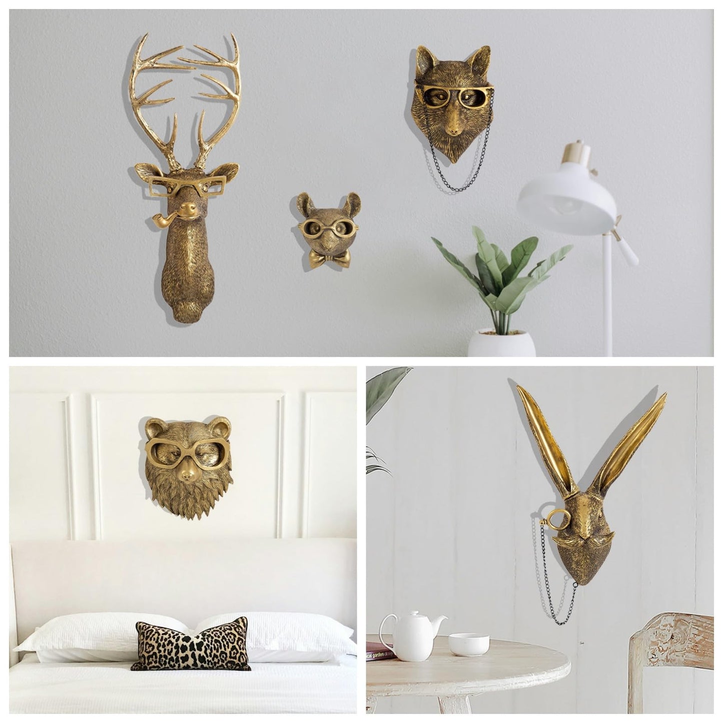 GUASDIE Animal Heads Wall Decor, Faux Deer Head Mount, Animal Sculptures Wall Decor, Resin Animal Head Wall Hanging Decoration for Living Room Bedroom Kitchen Gift,5pcs, 1587574779-65291236