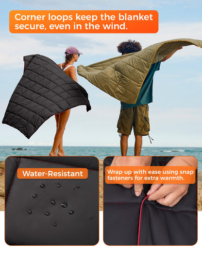 KingCamp Ultralight Camping Blanket, Packable Down Alternative Puffy Wearable Blankets Weatherproof Warm Package Quilt with Snap Buttons for Outdoor Hiking Travel Picnic Stadium (69"L x 53"W, Black)