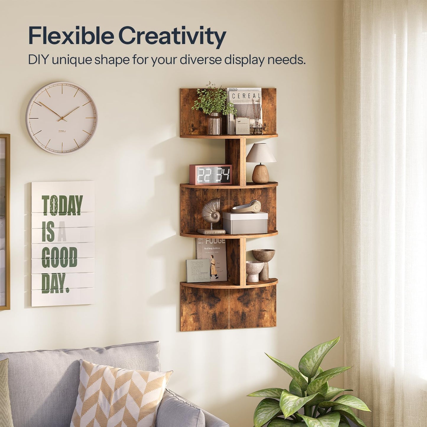 HOOBRO Corner Shelf Wall-Mounted, Set of 2 Floating Corner Shelves for Wall, 4-Tier Corner Bookshelves for Living Room, Bedroom, Bathroom, Home Office, Rustic Brown BF25BJP201