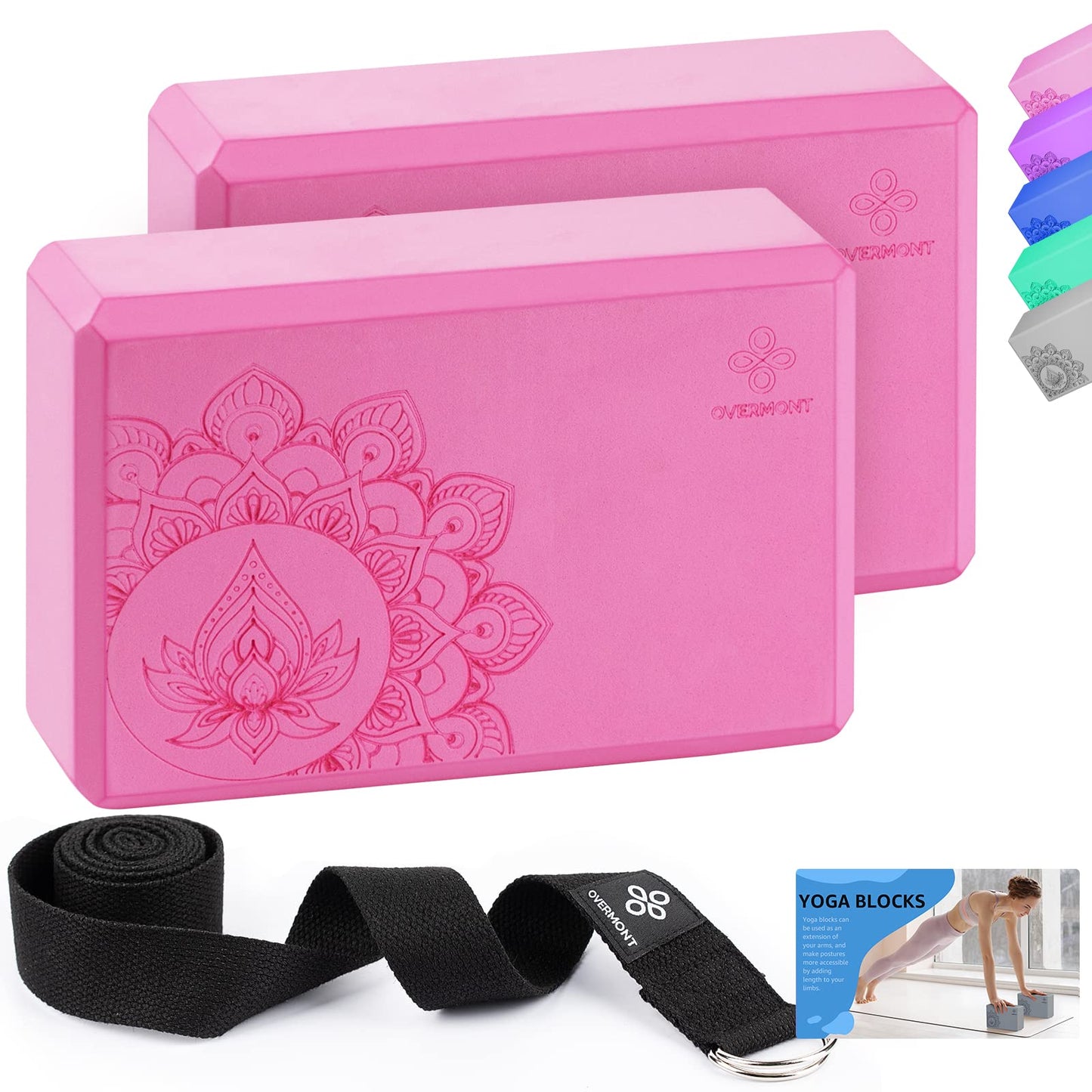 Overmont Yoga Block 2 Pack Supportive Latex-Free EVA Foam Soft Non-Slip Surface for General Fitness Pilates Stretching and Meditation 9"x6"x3" Yoga Strap Included (Pink)