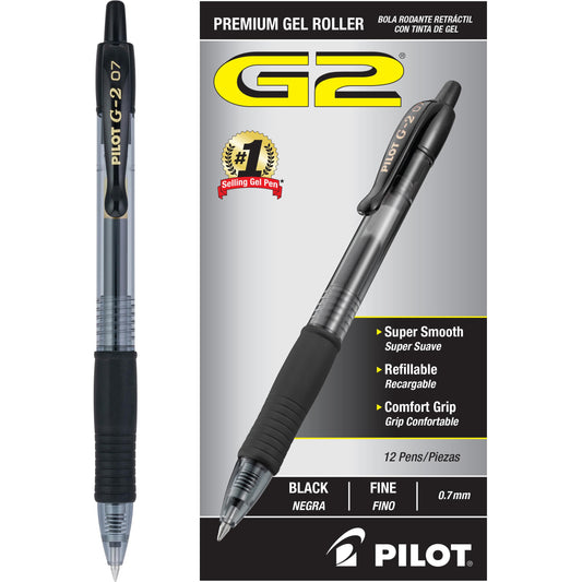 Pilot G2 Premium Gel Roller Pens 0.7, Fine Point Smooth Writing Pens Black, Pack of 12