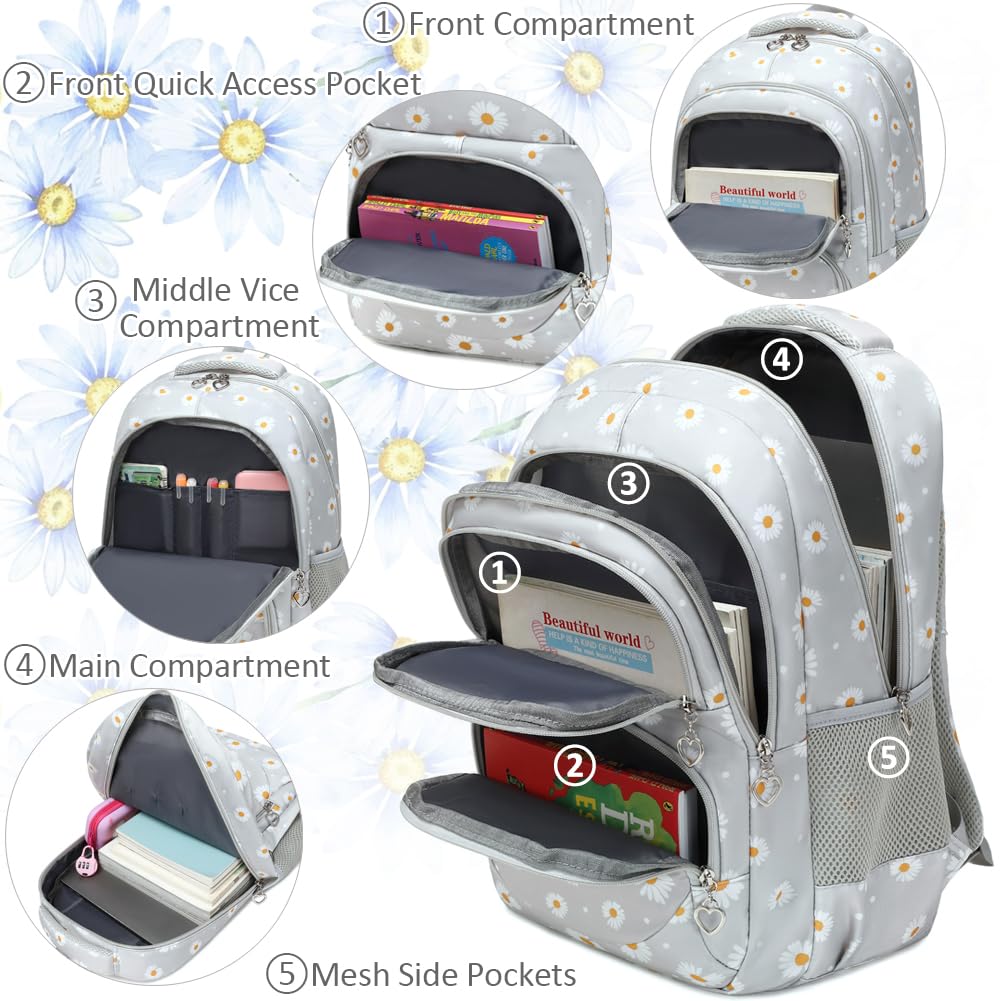 Girls Backpack with Lunch Box 3pcs Daisy Backpack Set for Kids Girls School Backpack for Primary Middle School Bookbag