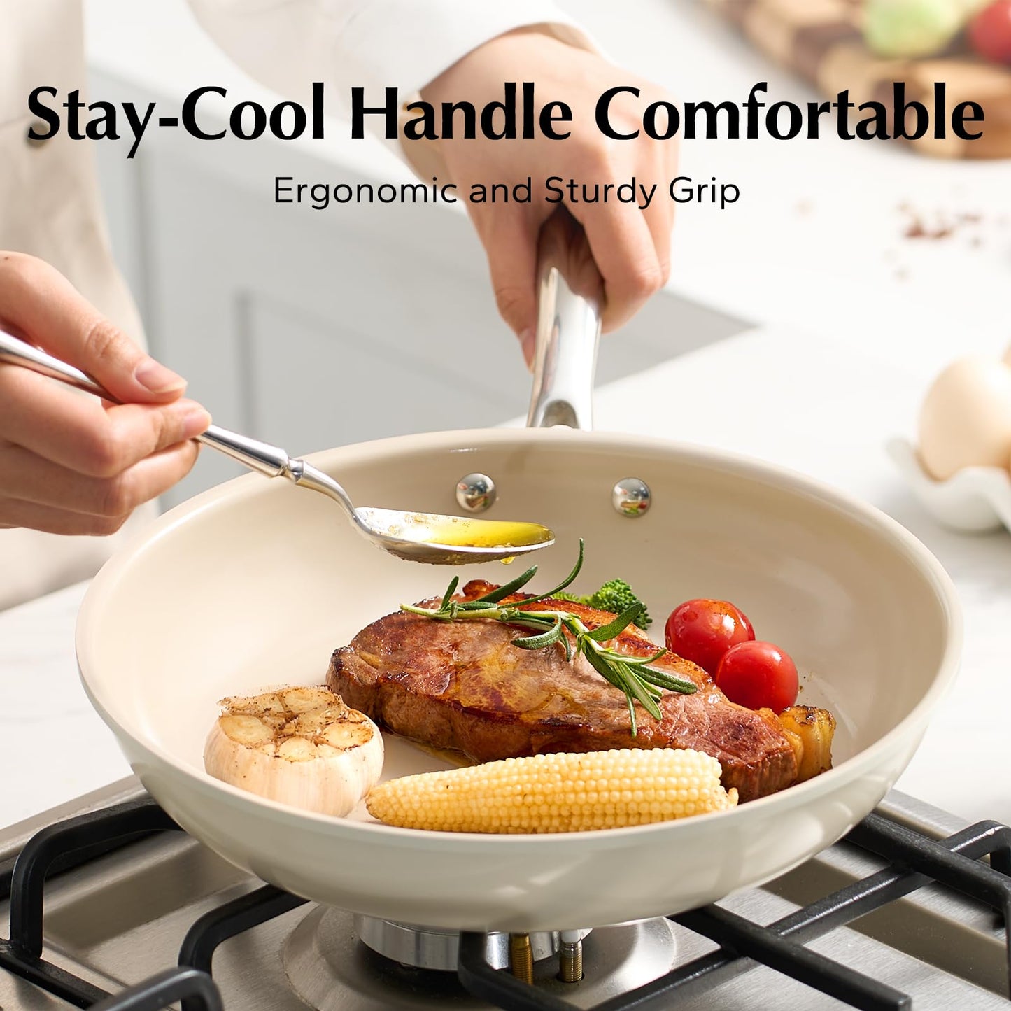 Redchef Nonstick Frying Pans Set, Ceramic Pan Skillet, Non Toxic Pans for Cooking, 8" 9.5" 11" Ceramic Frying Pan Set PFAS & PTFE & PFOA Free with Stay Cool Handle, Dishwasher & Oven Safe, Beige White