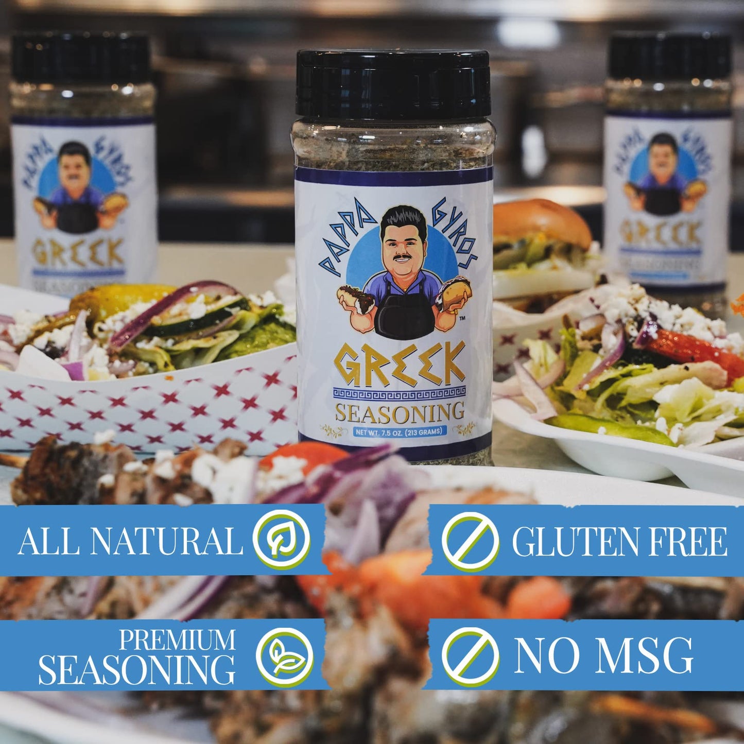 Pappa Gyros All Purpose Greek Seasoning Blend No MSG | Large Shaker 7.5 Oz | Authentic Mediterranean Spices | All Natural Savory Herb & Spice Mix | Lamb, Chicken, Turkey, Souvlaki, Kebab, Salad, Gyro