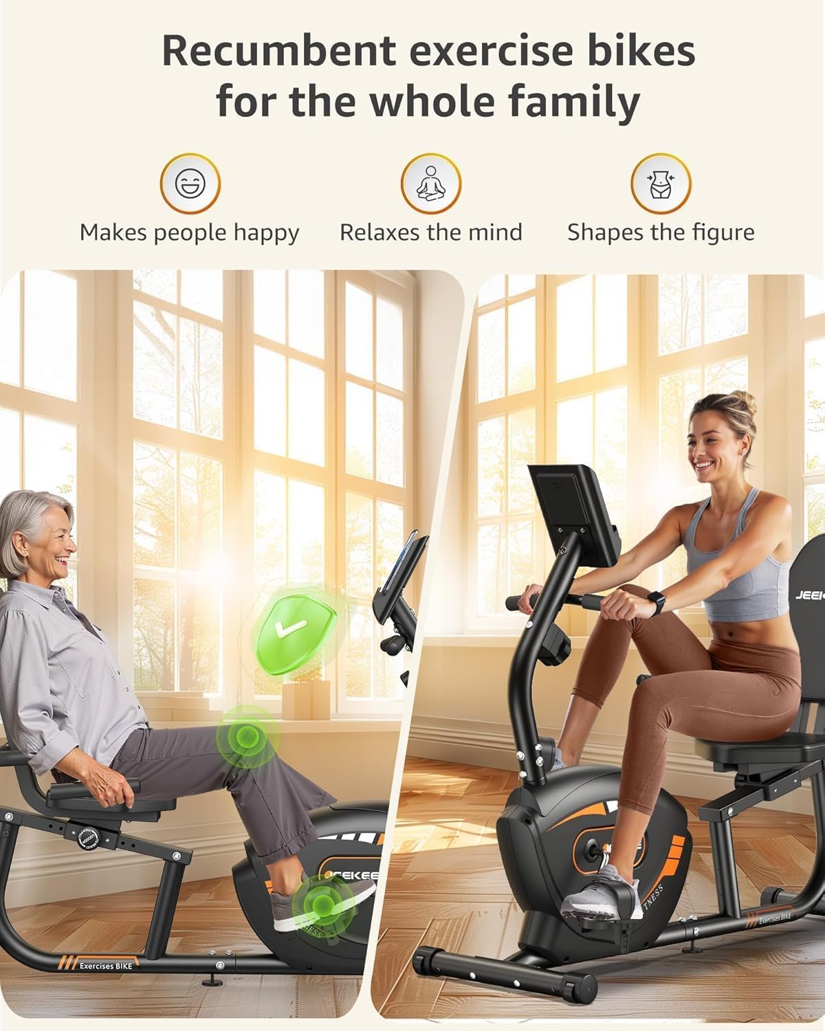 JEEKEE Recumbent Exercise Bike for Adults Seniors - Indoor Magnetic Cycling Fitness Equipment for Home Workout Black