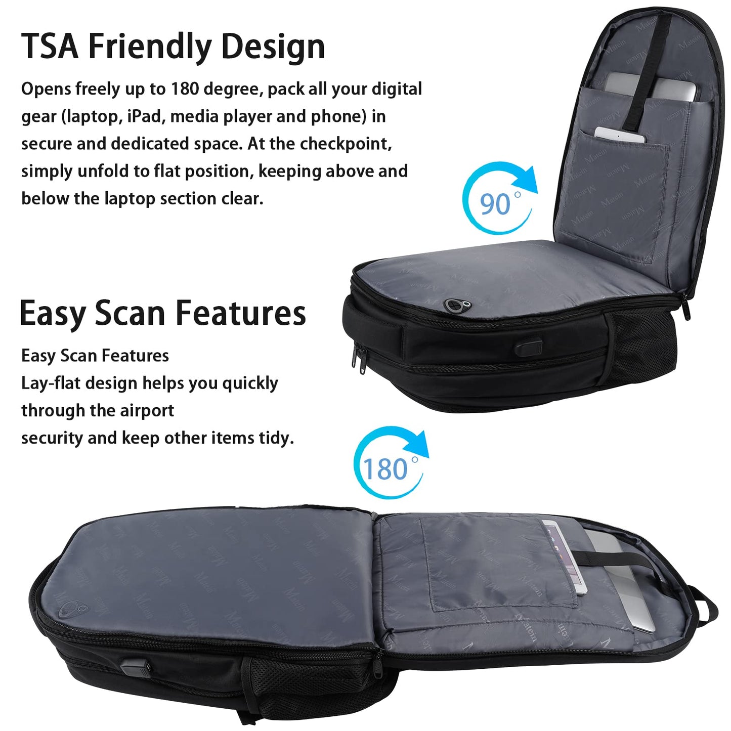 MATEIN College Large Travel Backpack, TSA Expandable Laptop Backpack with USB Charging Port, Anti Theft Computer Bag Fit 17.3 Inch Laptop Water Resistant College Computer Bag Gift for Men Women, Black