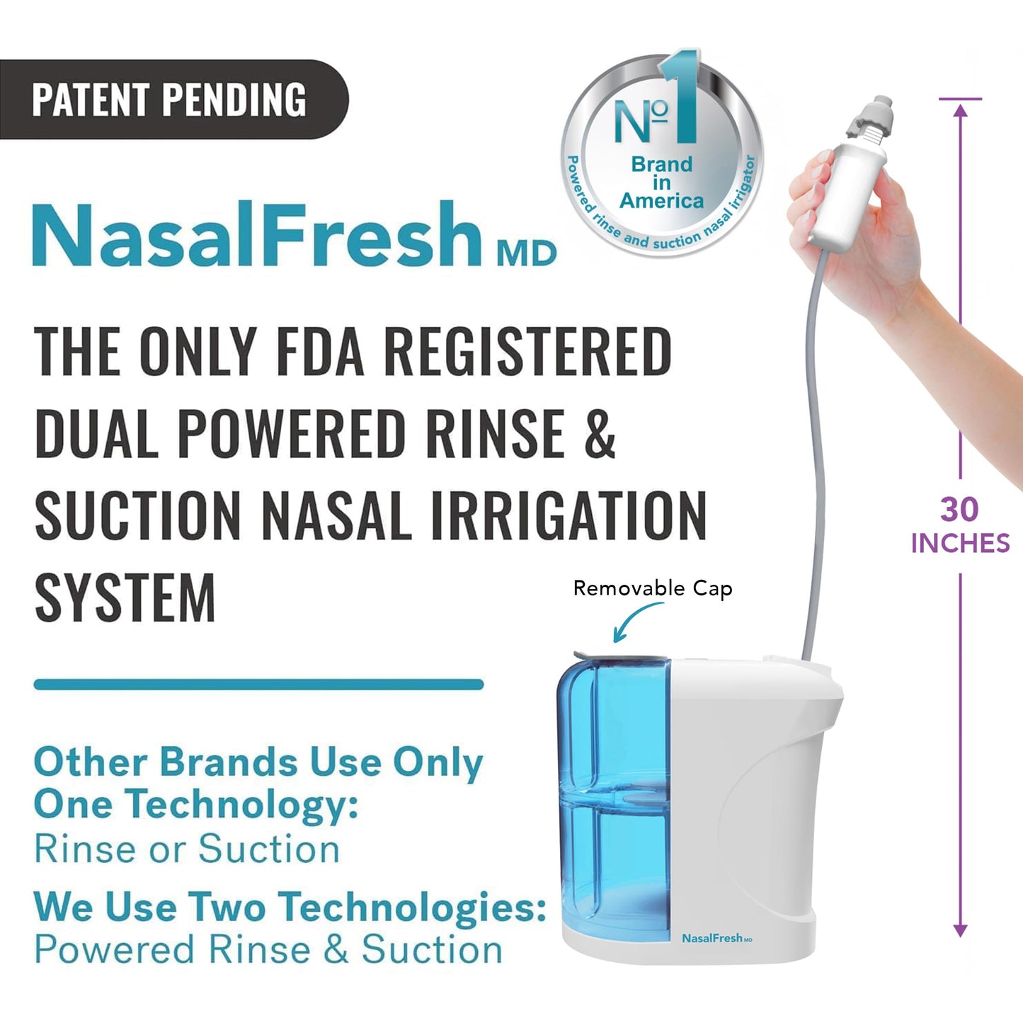 NASALFRESH MD Premium Bundle–Dual Powered Nasal Irrigation System Nasal Rinse and Wash, Sinus Decongestant Relief System, 60 Saline Packets, Case, Rechargeable, 2 Sets of Nose Pillows–Snoring Remedy
