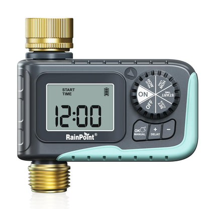 RAINPOINT Sprinkler Timer with Brass Inlet & Outlet, Programmable Hose Timer for Garden Soaker Hose, Watering Timer with Rain Delay/Manual Watering System, Digital Drip Irrigation for Yard, Lawn
