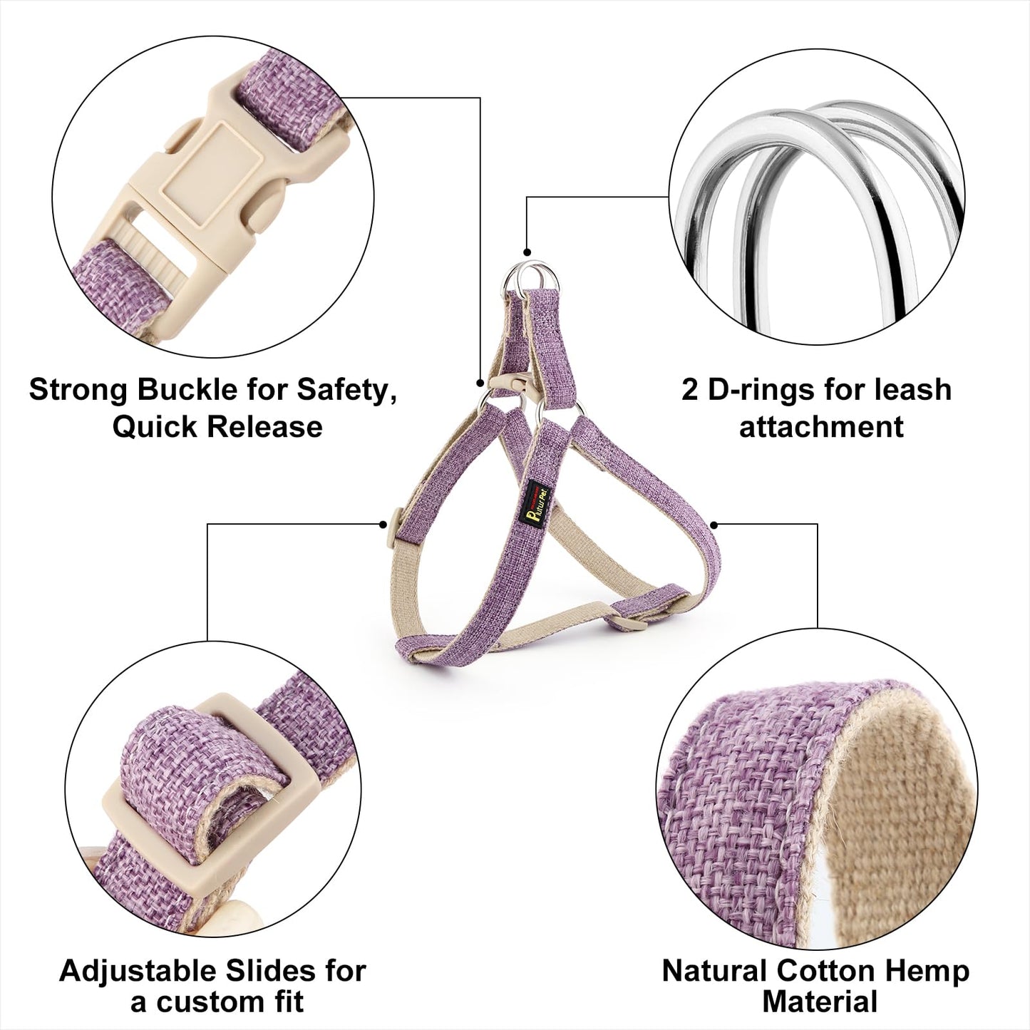 Plutus Pet Cotton Hemp Step in Dog Harness, Sustainable, Lightweight and Escape-Proof, Quick Fit Dog Harness for Puppy Small Medium and Large Dogs, Lavender, M