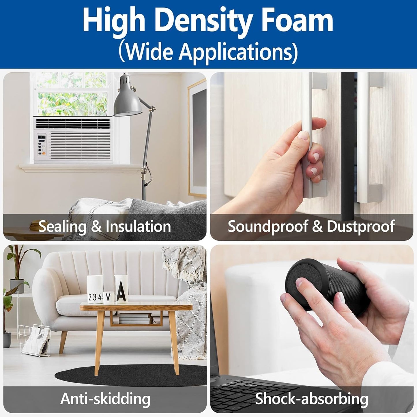 Kikerike Self Adhesive Foam Tape Weatherstrip 1/2In x 1/4In x 42Ft High Density Foam Insulation Strips Seal Weather Stripping with Strong Adhesive for Door and Window Sound Isolation Soundproofing