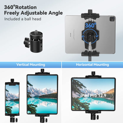 KDD iPad and Phone Tripod Mount Adapter with Ball Head, iPad Holder for Tripod, 360 Rotatable Tablet Clamp Mount fits iPad Pro 12.9, Air Mini 3 4, Galaxy Tab, Surface Pro, Selfie Stick(5.3-10.6")