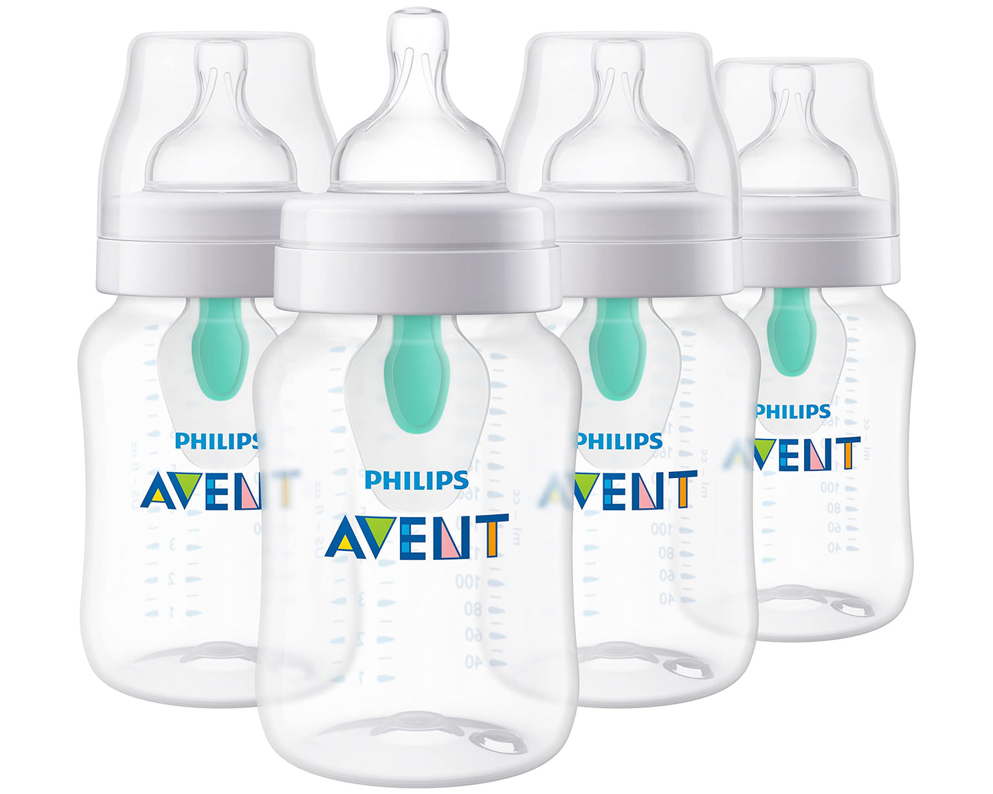 Philips Avent Anti-Colic Baby Bottle with AirFree Vent, 9oz, with Flow 2 Nipples, 1m+, 4pk, Clear, SCY703/04
