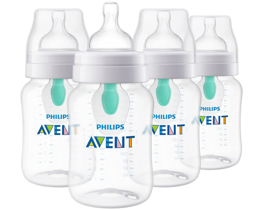 Philips Avent Anti-Colic Baby Bottle with AirFree Vent, 9oz, with Flow 2 Nipples, 1m+, 4pk, Clear, SCY703/04