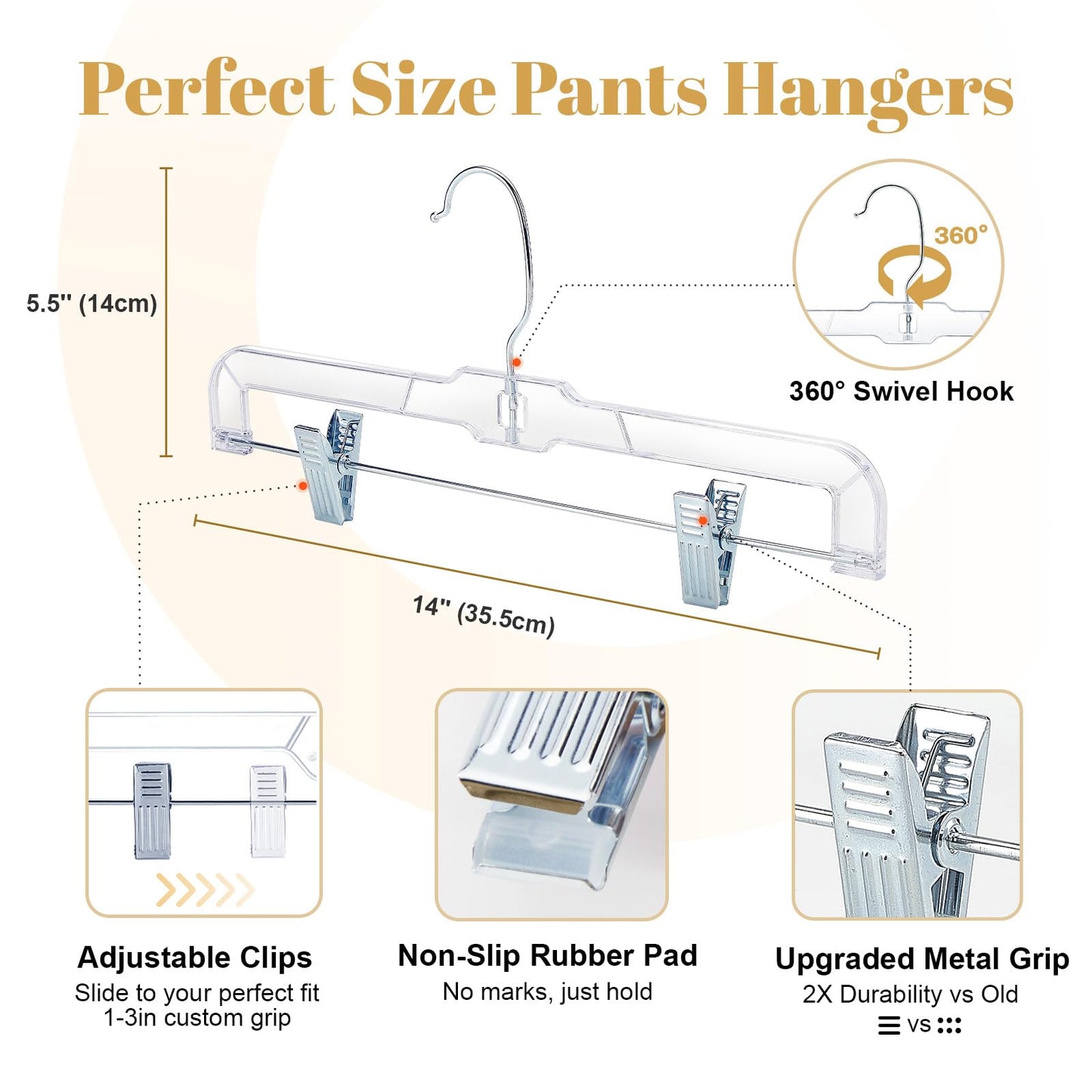 HOUSE DAY 12 Pack 14 inch Clear Plastic Skirt Hangers with Adjustable Clips, Pants Hangers 360-Rotating Swivel Hook, Clip Hangers for Pants, Trousers, Skirts, Jeans, Bulk Plastic Hangers