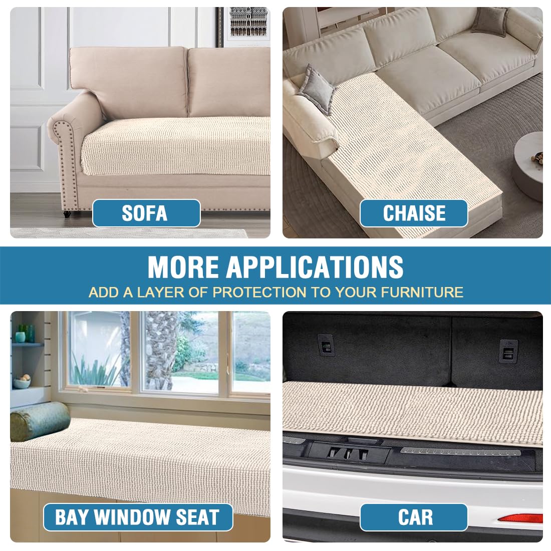 H.VERSAILTEX Plush Chenille Dog Bed Cover Thick Soft Sofa Cover for 3 Cushion Couch Anti Slip Couch Cover Furniture Protector for Dog, Pet, Cat (35" x 74", Ivory)