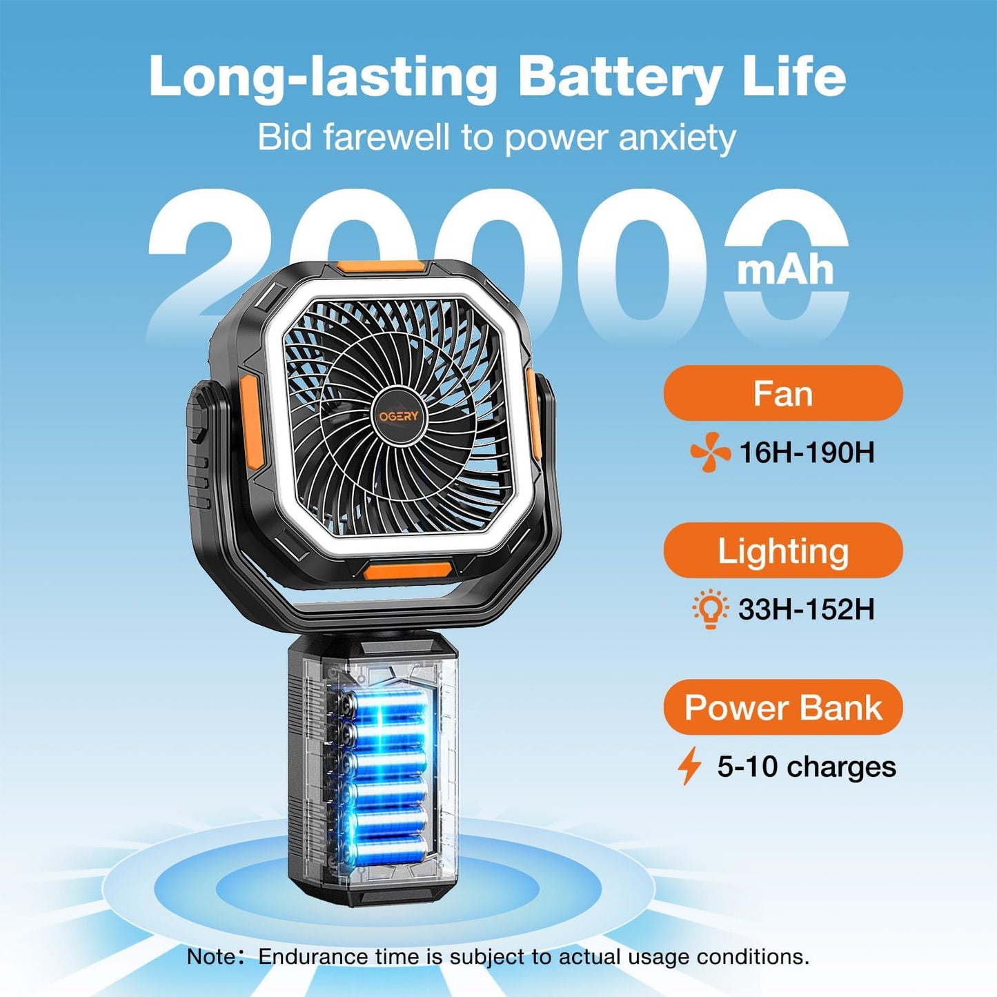 OGERY F21 Camping Fan with Stand, 20000mAh Rechargeable Battery Powered Standing Fan, LED Lanterns for Power Outages, Strong Wind, Fast Charging for Tent, Travel, Bedroom, Camping Essentials