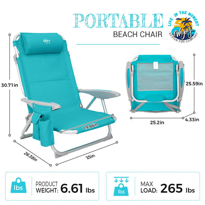#WEJOY Lightweight Low 2 Pack Beach Chair for Adults, 4-Position Aluminum Folding Camping Chairs with Backpack Strap, Cup Holder and Padded Headrest, Supports 265lbs for Lawn Outdoor Cyan