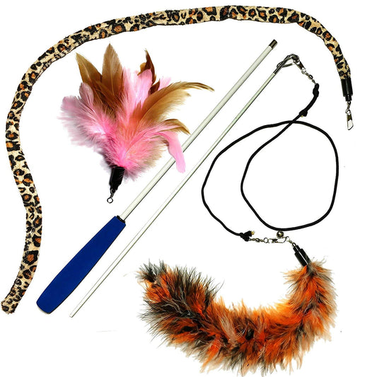 Pet Fit For Life 3 Piece Dual Rod Feather Teaser and Exerciser with a Slithering Snake for Kitten and Cats - Cat Toy Interactive Cat Wand