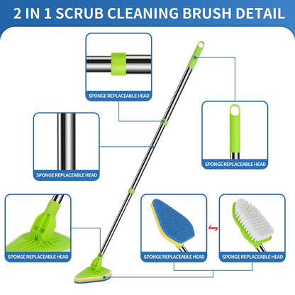 JDNOZW 2 in 1 Scrub Cleaning Brush with 37” Long Extendable Handle,1 Stiff Bristle and 3 Sponge Brushes, Lightweigh Detachable Shower Scrubber for Cleaning Bathroom Shower Bathtub Glass Tile Floor
