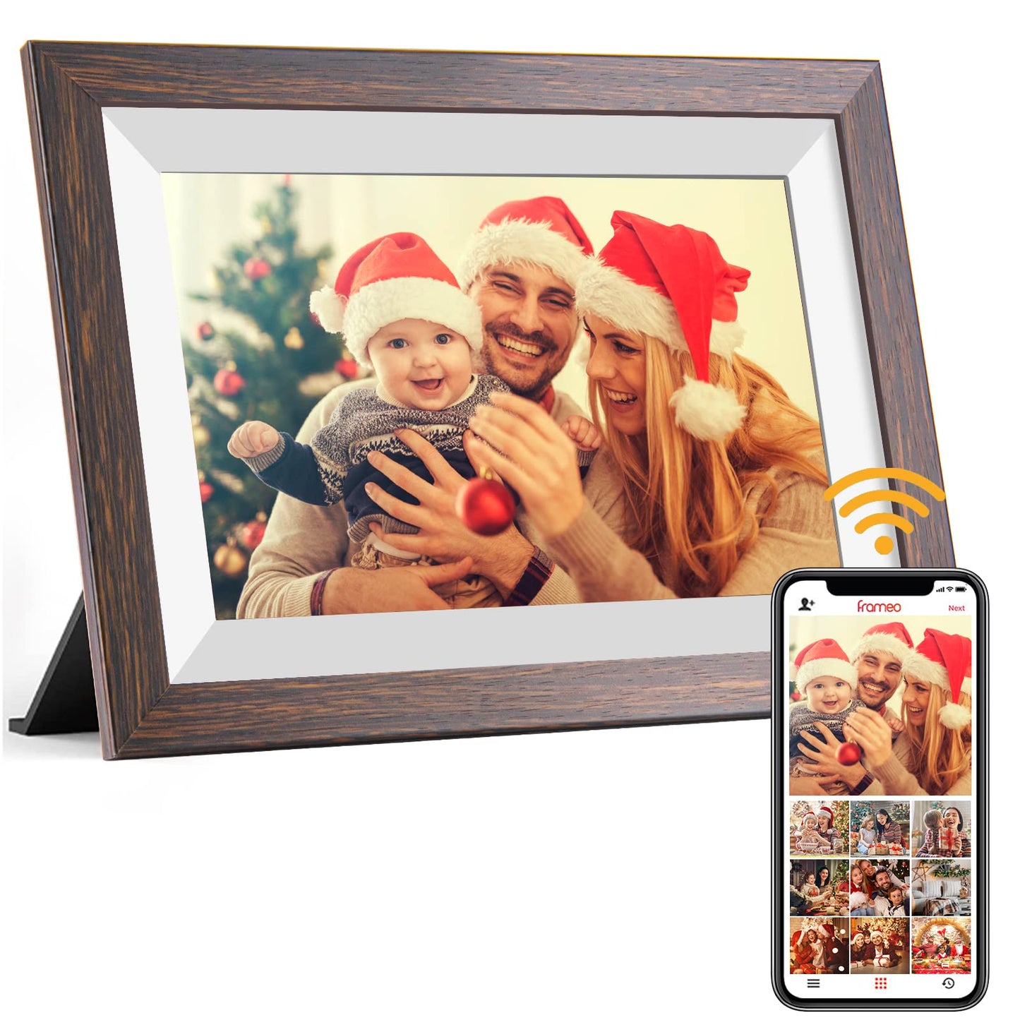 Frameo Digital Picture Frame WiFi 10.1inches Digital Photo Frame, Electronic Photo Frame Load from Phone, 1280x800 IPS Touch Screen HD Display, Auto-Rotate, Share Photos/Video-Great Gift(Brown Wood)