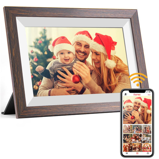 Frameo Digital Picture Frame WiFi 10.1inches Digital Photo Frame, Electronic Photo Frame Load from Phone, 1280x800 IPS Touch Screen HD Display, Auto-Rotate, Share Photos/Video-Great Gift(Brown Wood)