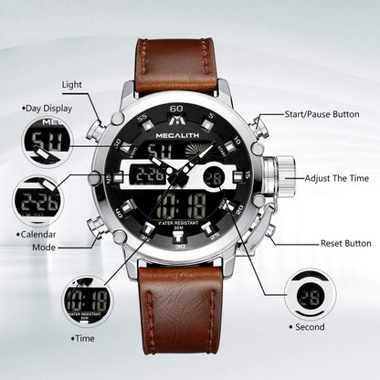 MEGALITH Mens Watches with Leather Waterproof Digital Military Sport Tactical Multifunction Heavy Duty Led Silver Watch for Men, Alarm Stopwatch