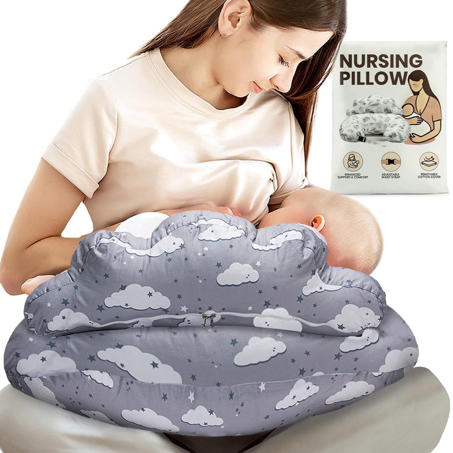 Nursing Pillow – Plus Size Breastfeeding Pillows with Security Fence for Enhanced Support & Comfort – Removable Cotton Cover, Adjustable Waist Strap, Newborn Essentials Must Haves Baby Registry Search