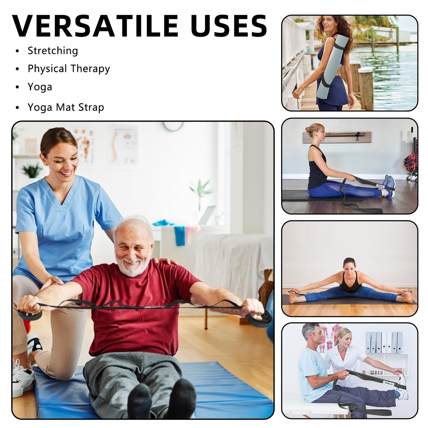 AGREJO Stretching Strap Yoga Strap Physical Therapy for Home Workout, 10 Loops Non-Elastic Stretch Band for Pilates, Flexibility, Exercise and Gymnastics (1-Pack Black)