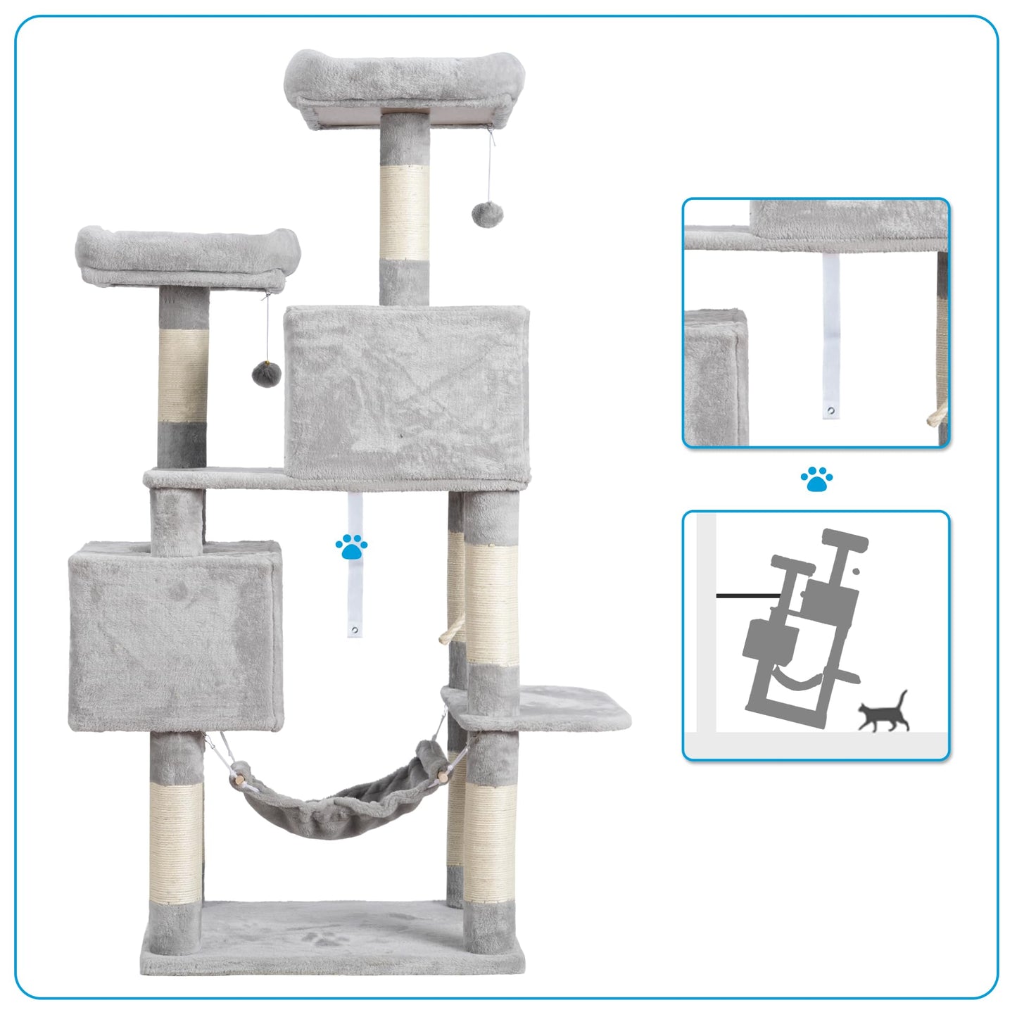 Hey-brother Large Multi-Level Cat Tree Condo Furniture with Sisal-Covered Scratching Posts, 2 Bigger Plush Condos, Perch Hammock for Kittens, Cats and Pets Light Gray MPJ020W