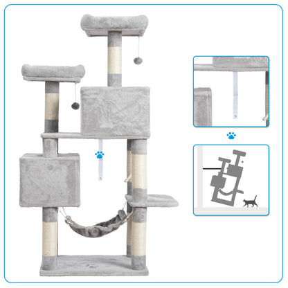 Hey-brother Large Multi-Level Cat Tree Condo Furniture with Sisal-Covered Scratching Posts, 2 Bigger Plush Condos, Perch Hammock for Kittens, Cats and Pets Light Gray MPJ020W